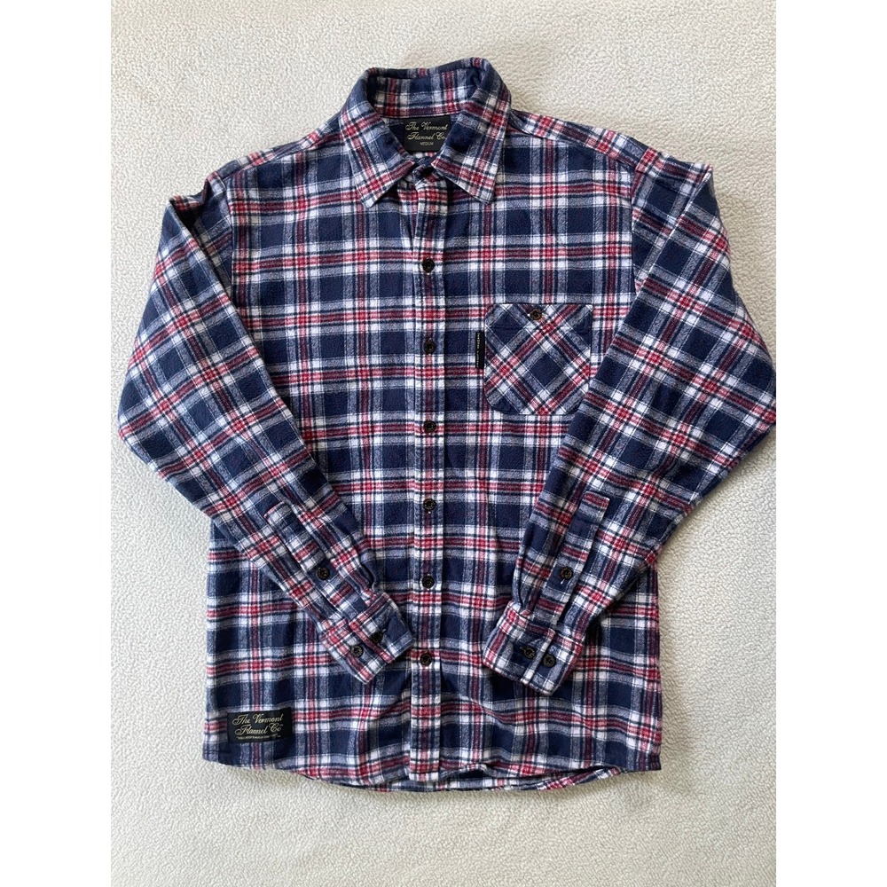 USA Vermont Flannel Co Mens Medium Shirt Navy Red Plaid Button Down Long Sleeve
